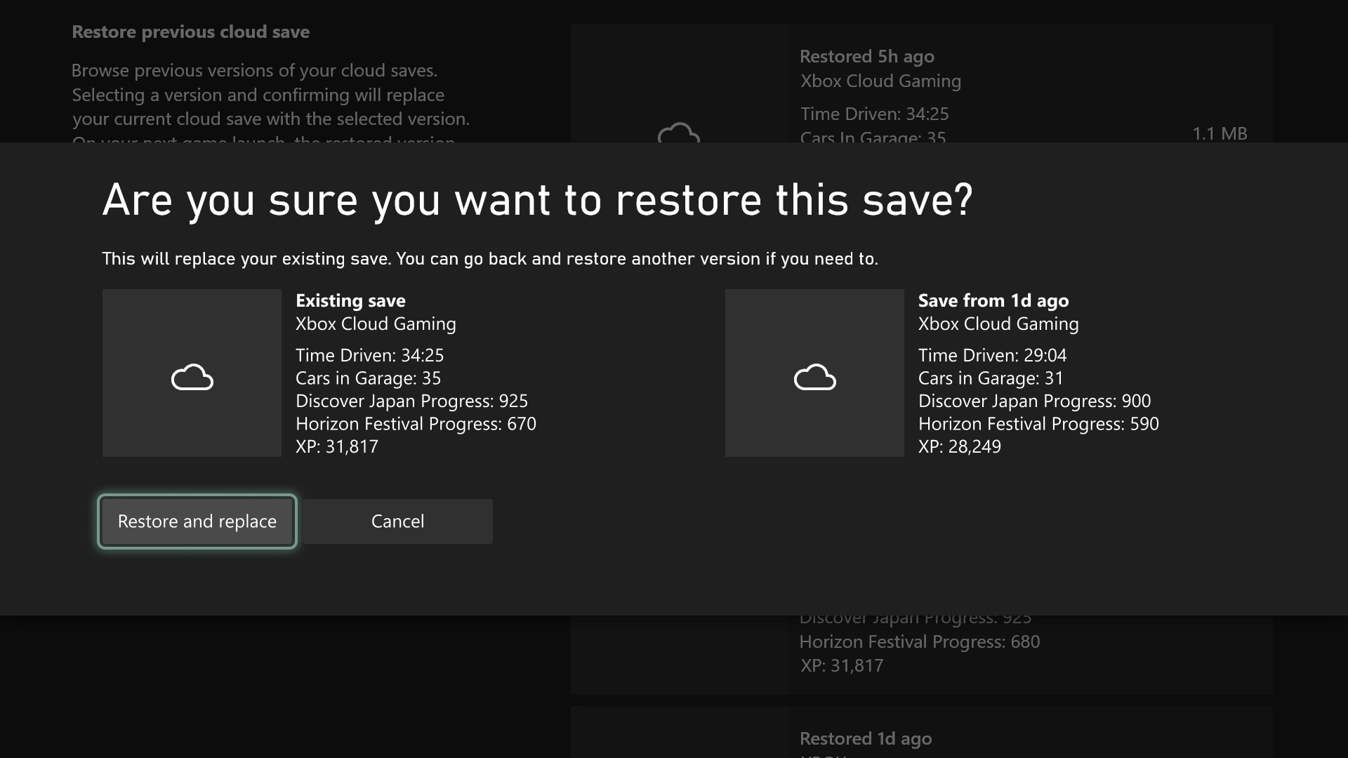A menu showing options on saving cloud storage data