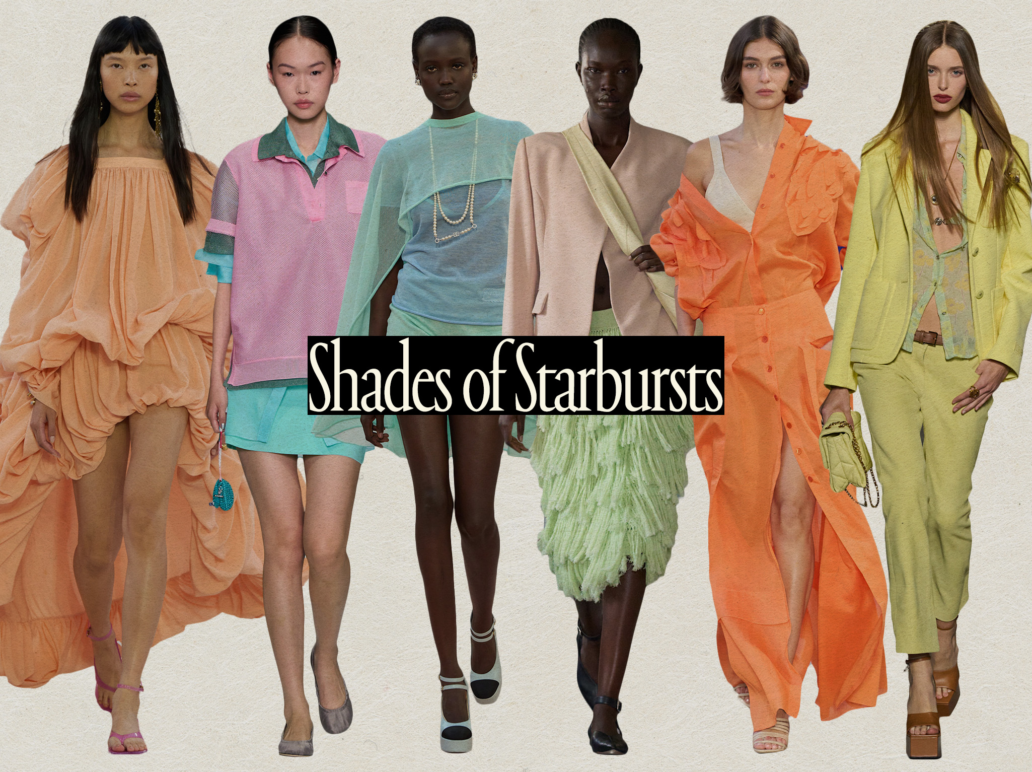 A collage of runway images showing the saturated pastels spring trend in the collections of Chloé, Anteprima, Chanel, Rachel Comey, Alberta Ferretti, and Versace.