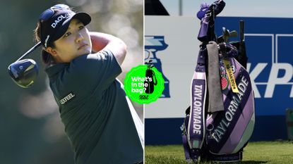 Haeran Ryu hits a driver, with a close up of her golf bag