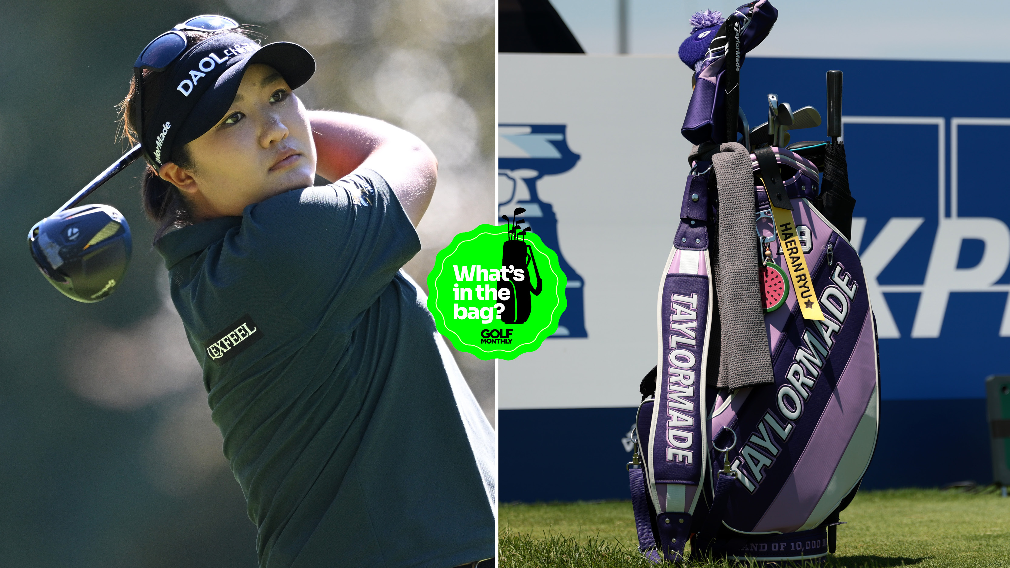 Haeran Ryu hits a driver, with a close up of her golf bag