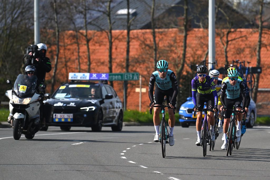 SCHOTEN BELGIUM APRIL 05 Vincent Hoppezak of The Netherlands and Team BEAT Cycling Club Josh Kench of New Zealand and Team Bolton Equities Black Spoke and Bram Dissel of The Netherlands and Team BEAT Cycling Club compete in the breakaway during the 111th Scheldeprijs 2023 Mens Elite a 2053km one day race from Terneuzen to Schoten on April 05 2023 in Schoten Belgium Photo by Luc ClaessenGetty Images