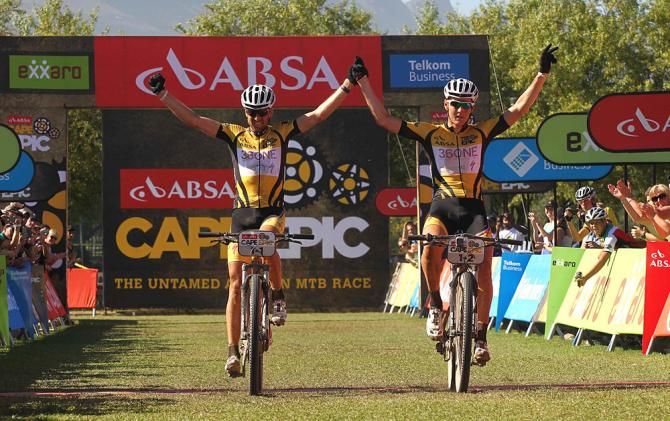 Christoph Sauser and Joroslav Kulhavy of Burry Stander-Songo celebrate after winning stage 5
