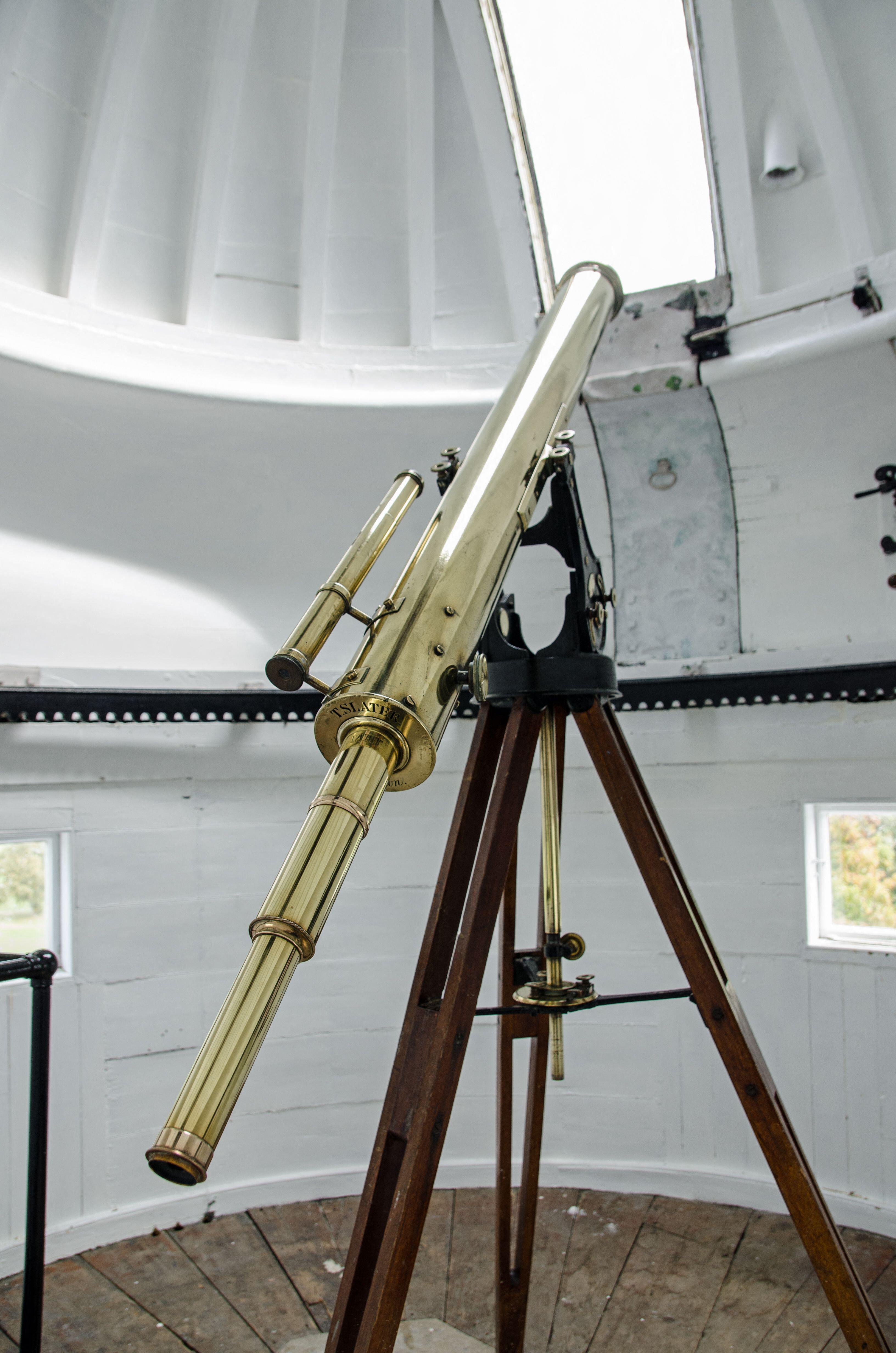 Historic brass telescope set up in the cupola at the top of The King's Observatory in Old Deer Park, Richmond Upon Thames.