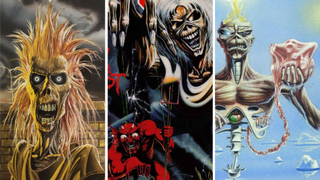 The cover of Iron Maiden albums Iron Maiden, Number of the Beast and Seventh Son of a Seventh Son