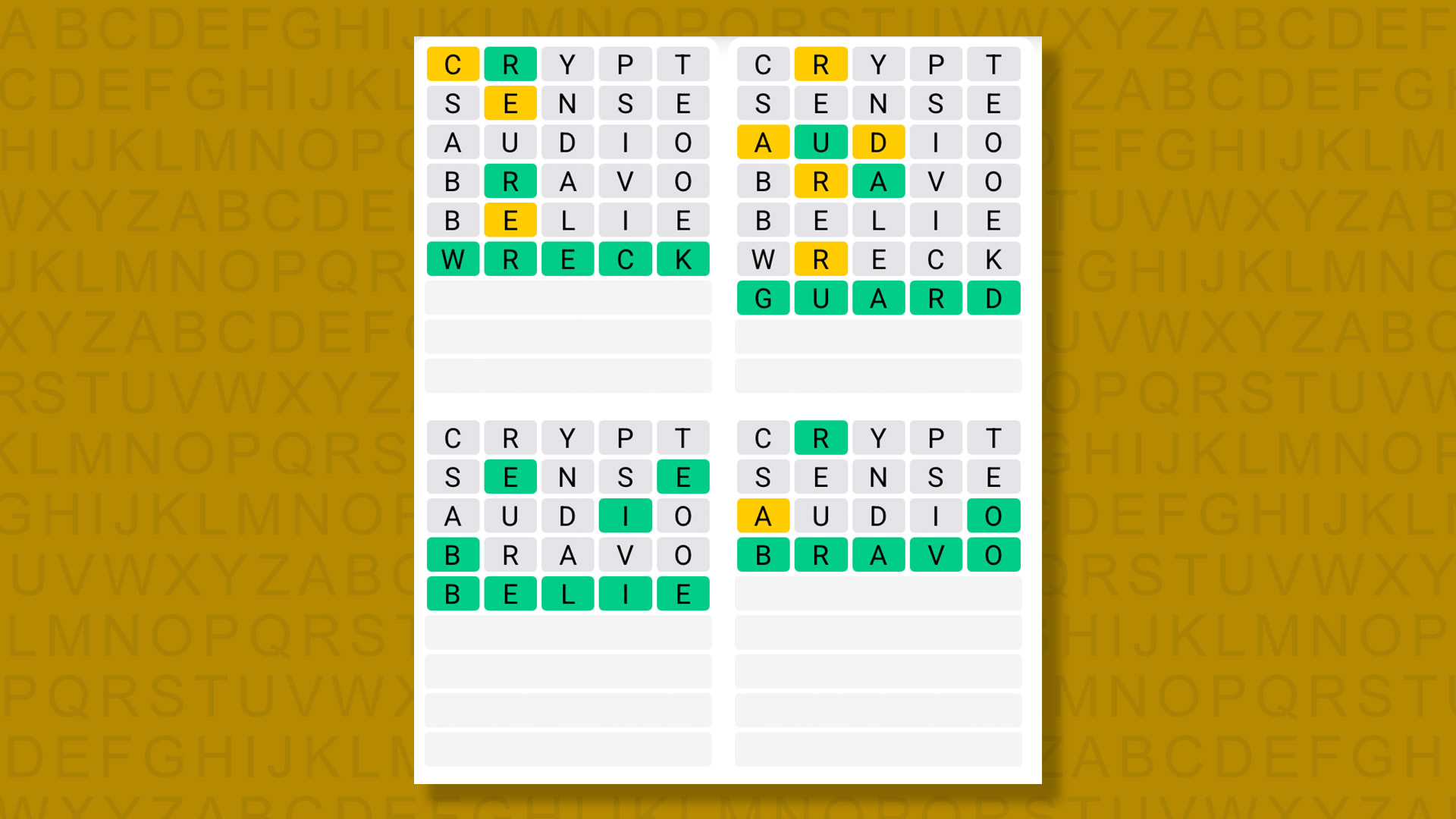 Quordle answers for game 1460 on a yellow background