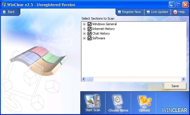 Winclear Image: Here is the Choose Items menu. You can determine what the program scans and does not scan here.
