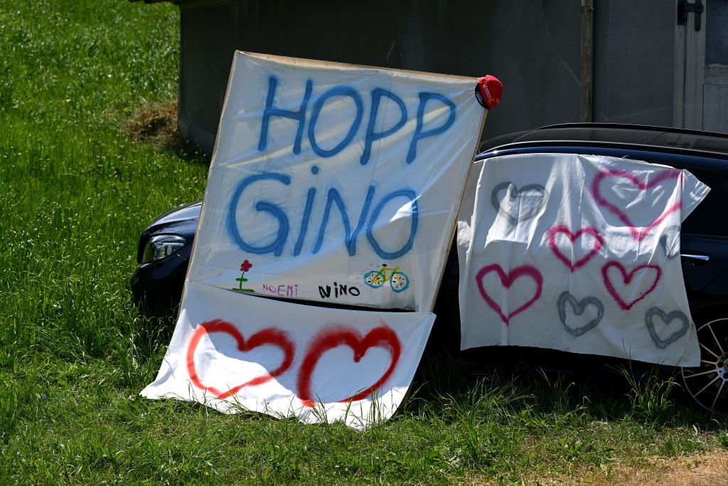 WEINFELDEN SWITZERLAND JUNE 17 Support details in memory of Gino Mder during the 86th Tour de Suisse 2023 Stage 7 a 1835km stage from Tbach to Weinfelden UCIWT on June 17 2023 in Weinfelden Switzerland Photo by Dario BelingheriGetty Images