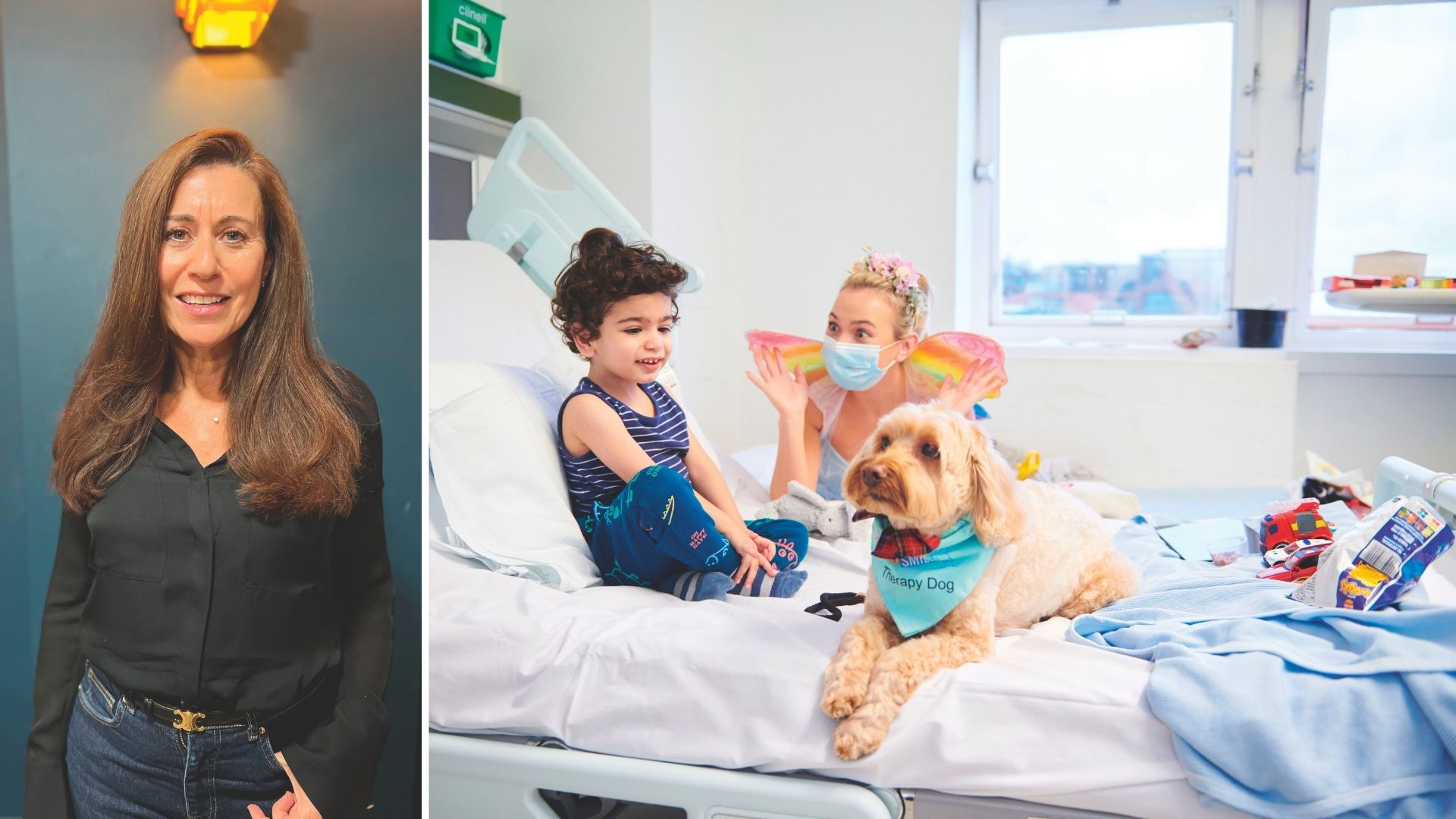 Vanessa Crocker smiles in a room in one portrait. Another photo shows a woman dressed in fairy wings, and a therapy dog, cheering up a small child in a hospital room