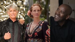 A Dancing With the Stars press still of Eric Roberts next to Denzel Washington and Julia Roberts looking into the distance in Ticket to Paradise and The Equalizer 3.