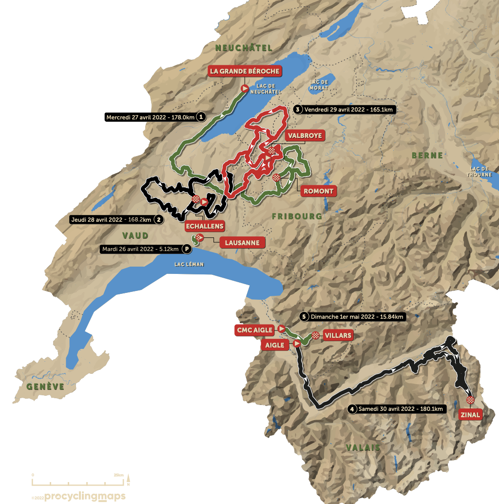 Route map for 2022 Tour de Romandie