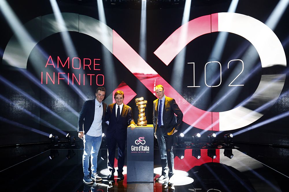 Chris Froome (Team Sky) and Elia Viviani (Quick-Step Floors) at the presentation of the 2019 Giro d'Italia