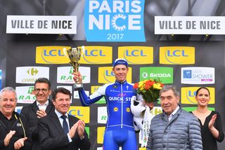 David de la Cruz atop the Paris-Nice stage 8 podium