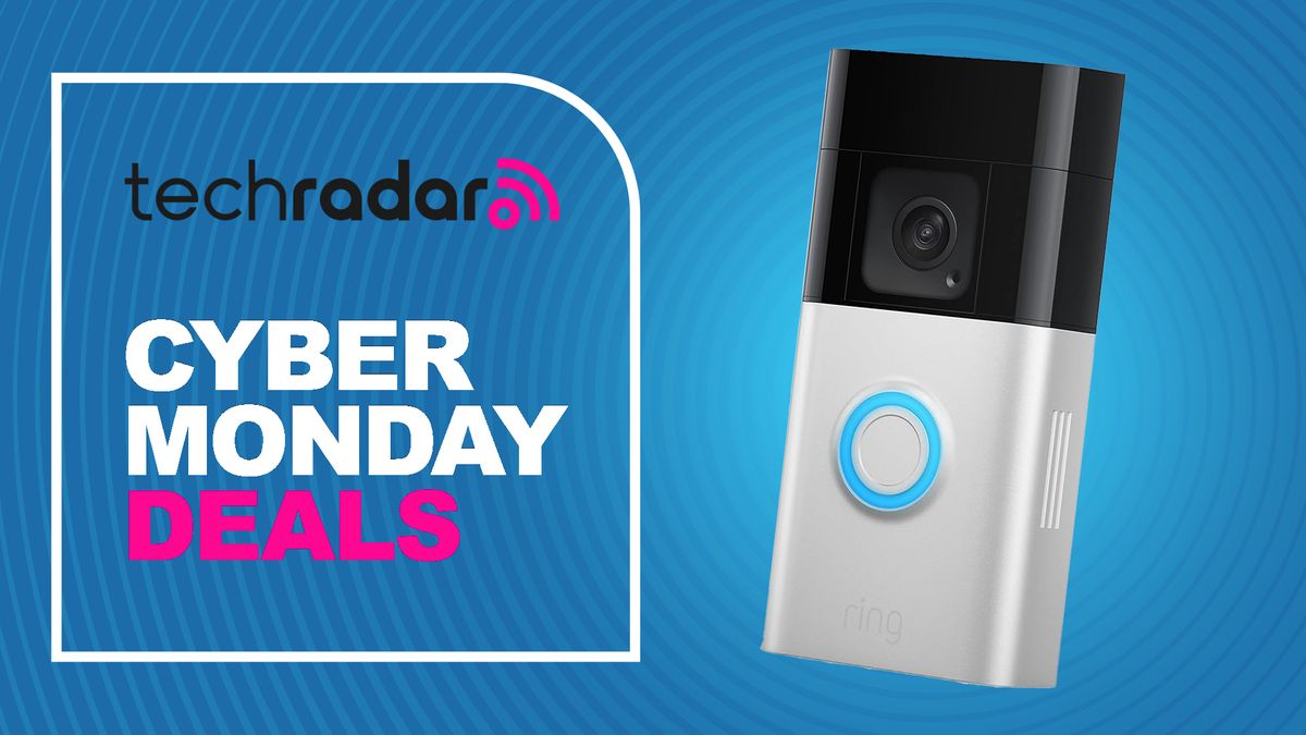 Ring doorbell on blue background with text reading &quot;TechRadar Cyber Monday Deals&quot;