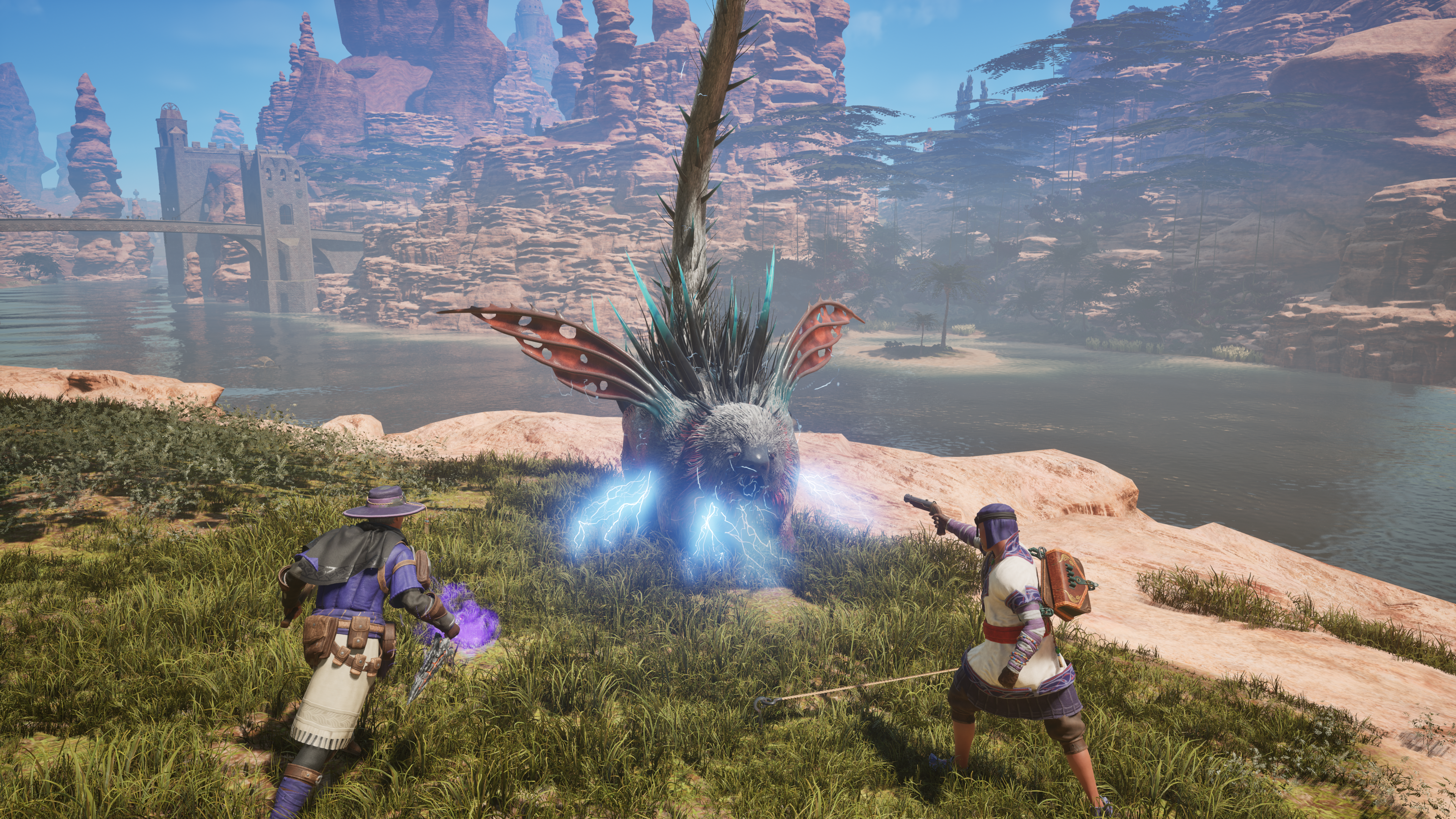 two adventurers fighting a beast by a lake