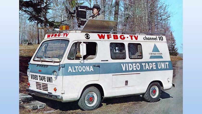 Triangle Publications used this modified Chevrolet panel truck in their ENG trialing some 60 years ago at its Altoona, Pa., property, WFBG-TV. In addition to a rooftop hatch, the van was also equipped with a “24-volt battery box,” a 1-kilowatt DC-to-AC inverter and a second generator coupled to the vehicle’s engine. The vidicon camera used in the project was a Sylvania industrial model with a small TV set mounted on top, as the camera had no electronic viewfinder.