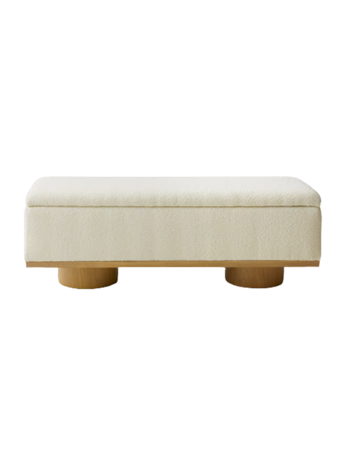 Solid Wood and Boucle Storage Bench in Ivory