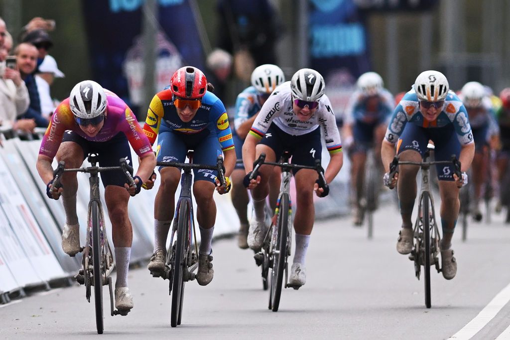 ZEEWOLDE NETHERLANDS OCTOBER 10 LR Lorena Wiebes of The Netherlands and Team SD Worx Protime Elisa Balsamo of Italy and Team Lidl Trek and Lotte Kopecky of Belgium and Team SD Worx Protime sprint at finish line during the 26th Simac Ladies Tour 2024 Stage 3 a 1484km stage from Zeewolde to Zeewolde UCIWWT on October 10 2024 in Zeewolde Netherlands Photo by Luc ClaessenGetty Images