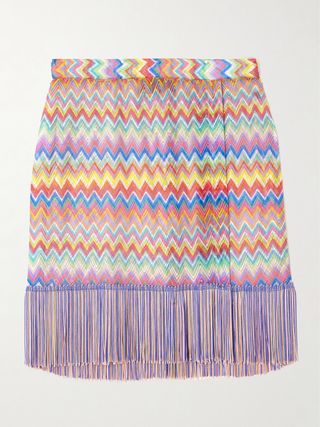 Fringed Striped Crochet-Knit Mini Skirt