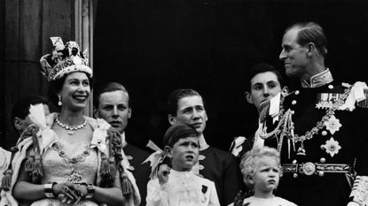 queen elizabeth ii on the balcony of buckingham palace after her coronation ceremony with left to right prince charles, princess anne and the prince philip, duke of edinburgh photo by fox photosgetty images