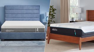 A split image: on the left, a front-on shot of the Tempur-Pedic Tempur-Cloud mattress on a bed frame in a bedroom. On the right, a side on image of the Tempur-Pedic Tempur-Adapt mattress on a bed frame in a bedroom
