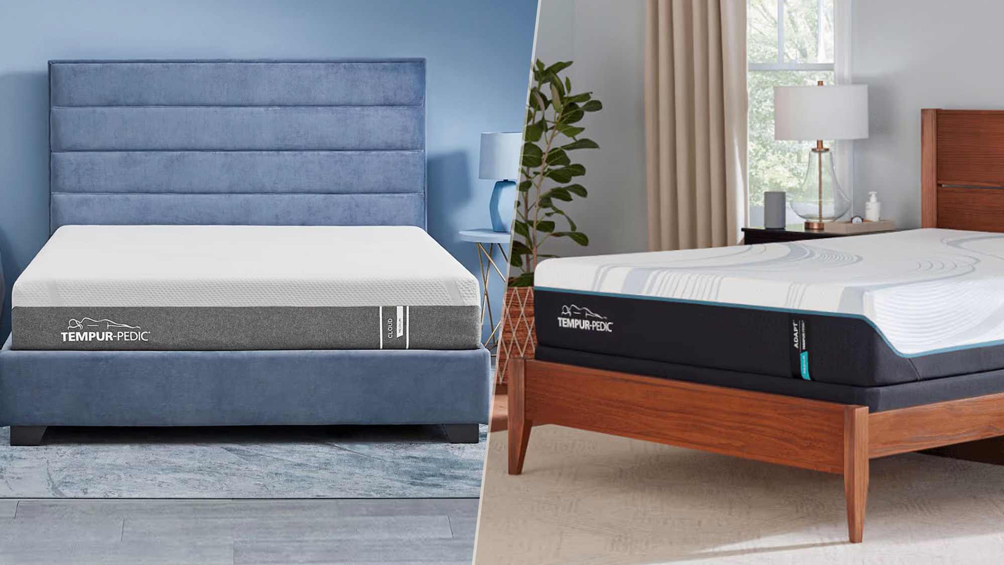 A split image: on the left, a front-on shot of the Tempur-Pedic Tempur-Cloud mattress on a bed frame in a bedroom. On the right, a side on image of the Tempur-Pedic Tempur-Adapt mattress on a bed frame in a bedroom