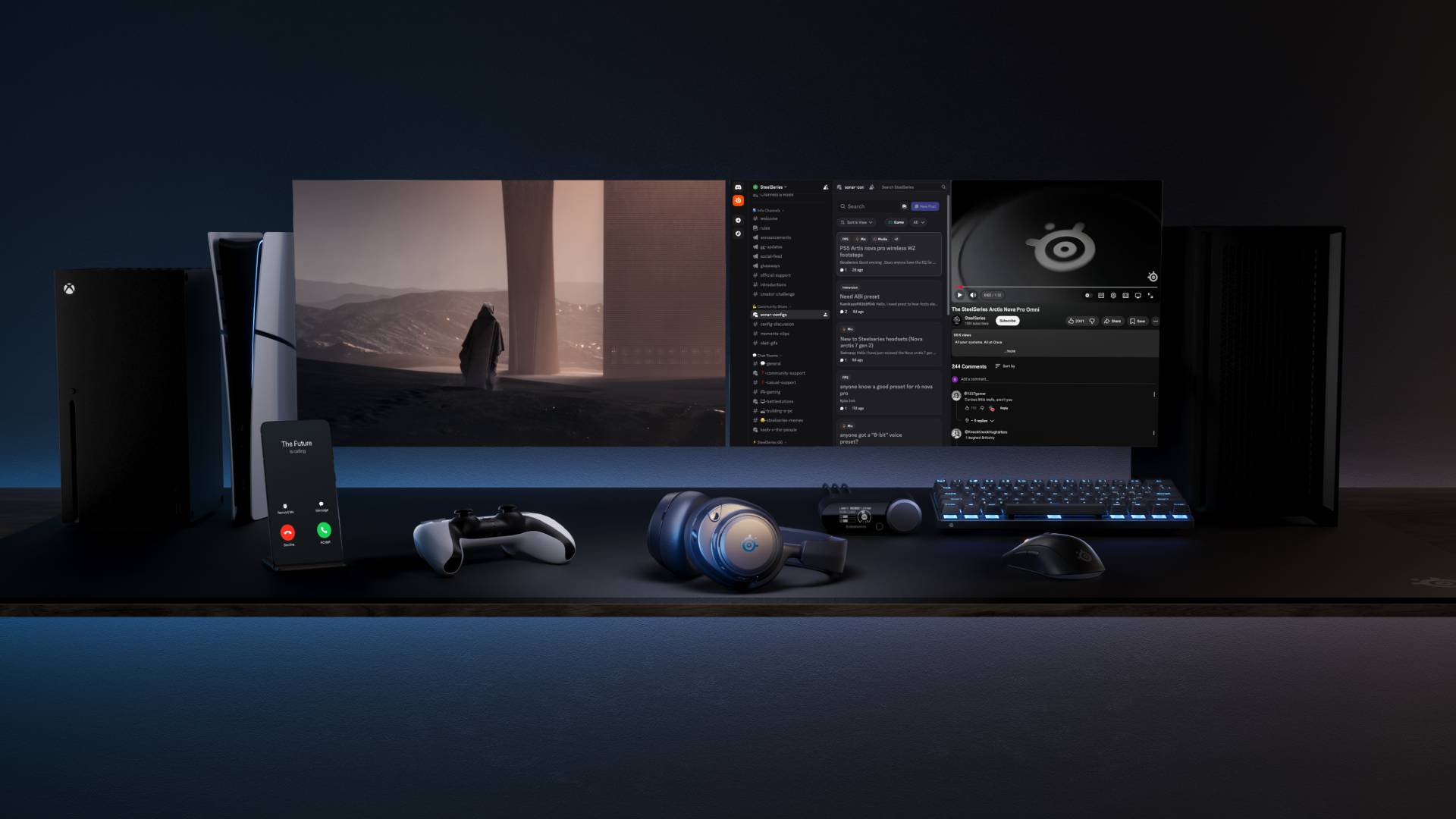 Image of the Arctis Nova Pro Omni headset sitting in front of a gaming PC setup and a range of consoles.