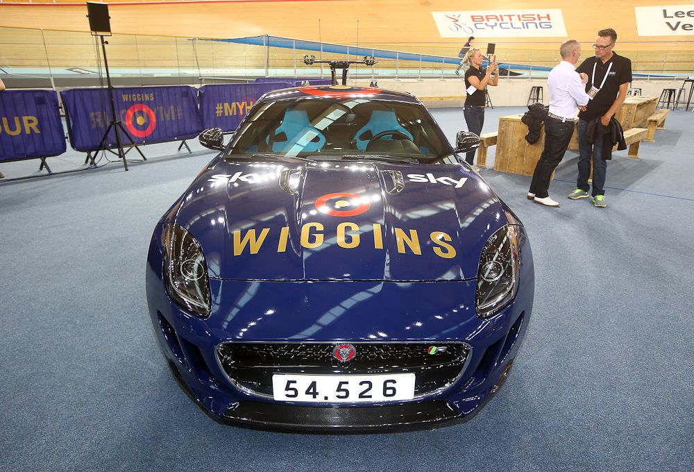Team Wiggins F-type is seen with Sir Bradley Wiggins of Great Britain and Team Wiggins' world record on the number plate after he broke the UCI One Hour Record at Lee Valley Velopark Velodrome