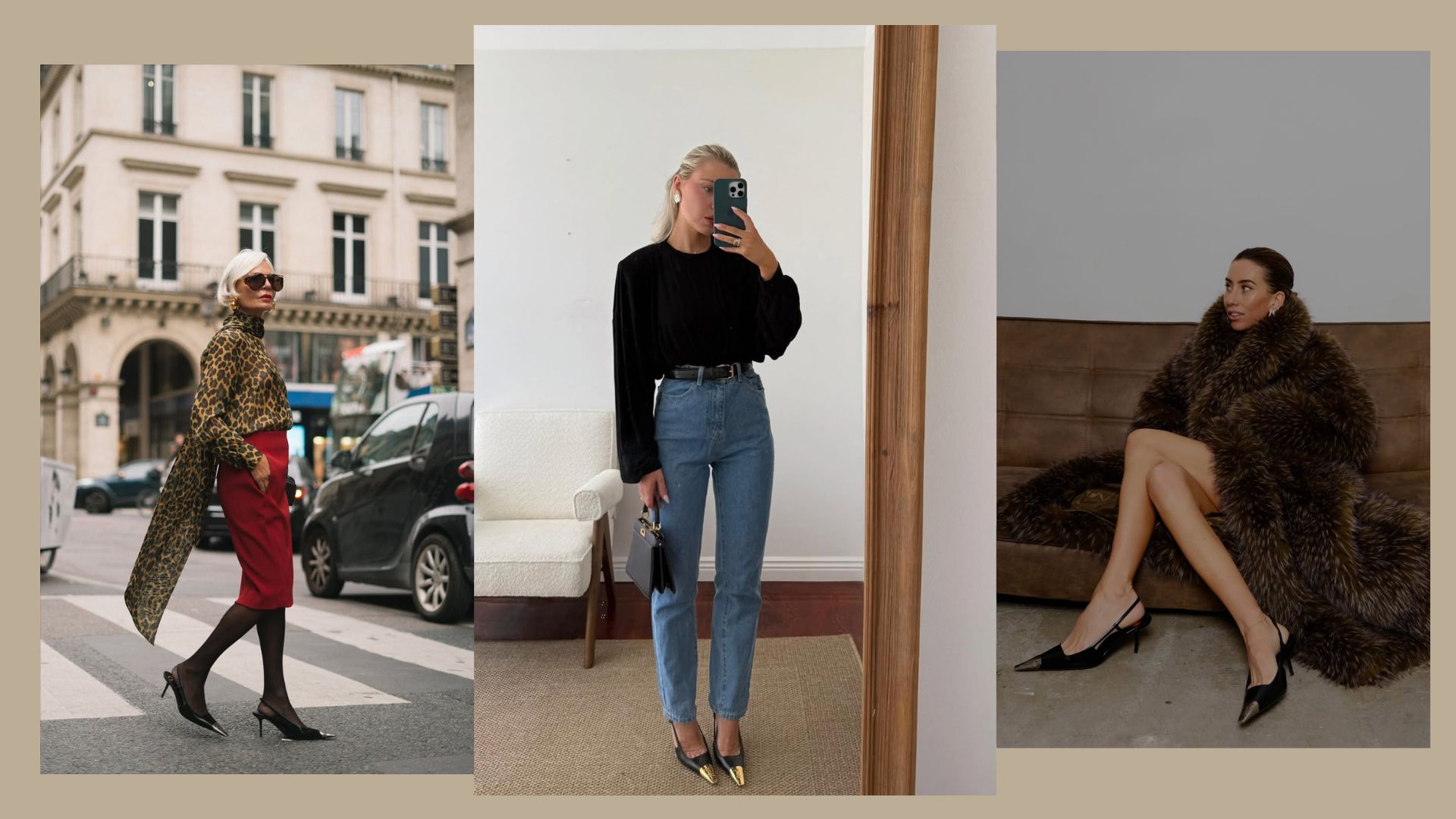 Grece Ghanem, Laura Jade Stone, and Hannah Lewis wearing Saint Laurent Jeanne slingback pumps with gold and silver toes.