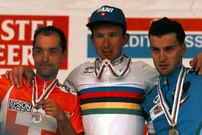 The 1996 Worlds podium: Mauro Gianetti (Switzerland), Johan Museeuw (Belgium) and Michele Bartoli (Italy)