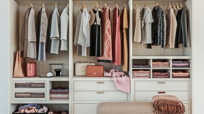 modern wooden wardrobe with women clothes hanging on rail in walk in closet