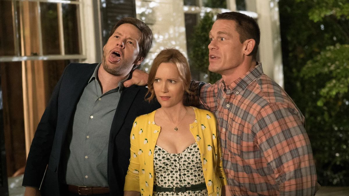 Ike Barinholtz, Leslie Mann and John Cena look shocked in the movies Blockers