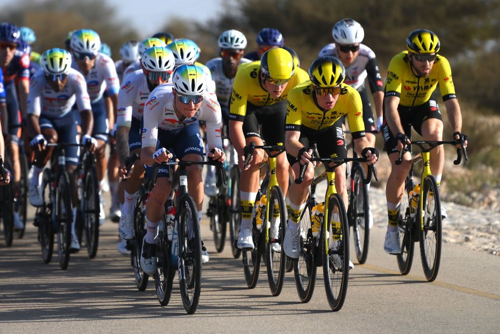 BIMMAH SINK HOLE OMAN FEBRUARY 08 LR Alan Jousseaume of France and Team TotalEnergies and Steven Kruijswijk of Netherlands and Team Visma Lease a Bike compete during the 14th Tour of Oman Stage 1 a 1777km stage from Bushar to Bimmah Sink Hole on February 08 2025 in Bimmah Sink Hole Oman Photo by Alex BroadwayGetty Images