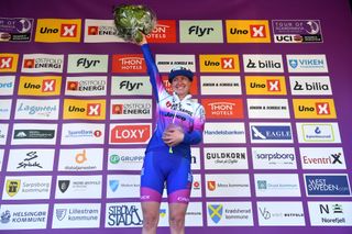 Alexandra Manly (BikeExchange-Jayco) celebrates on the podium of the Tour of Scandinavia