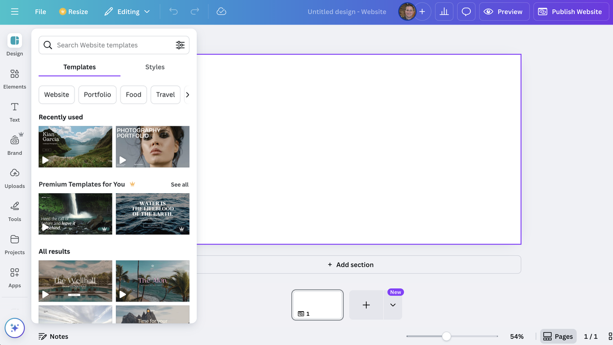 Screengrab showing the process of starting a website in Canva Websites