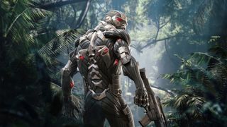 A character from Crysis wearing a nanosuit and holding a gun