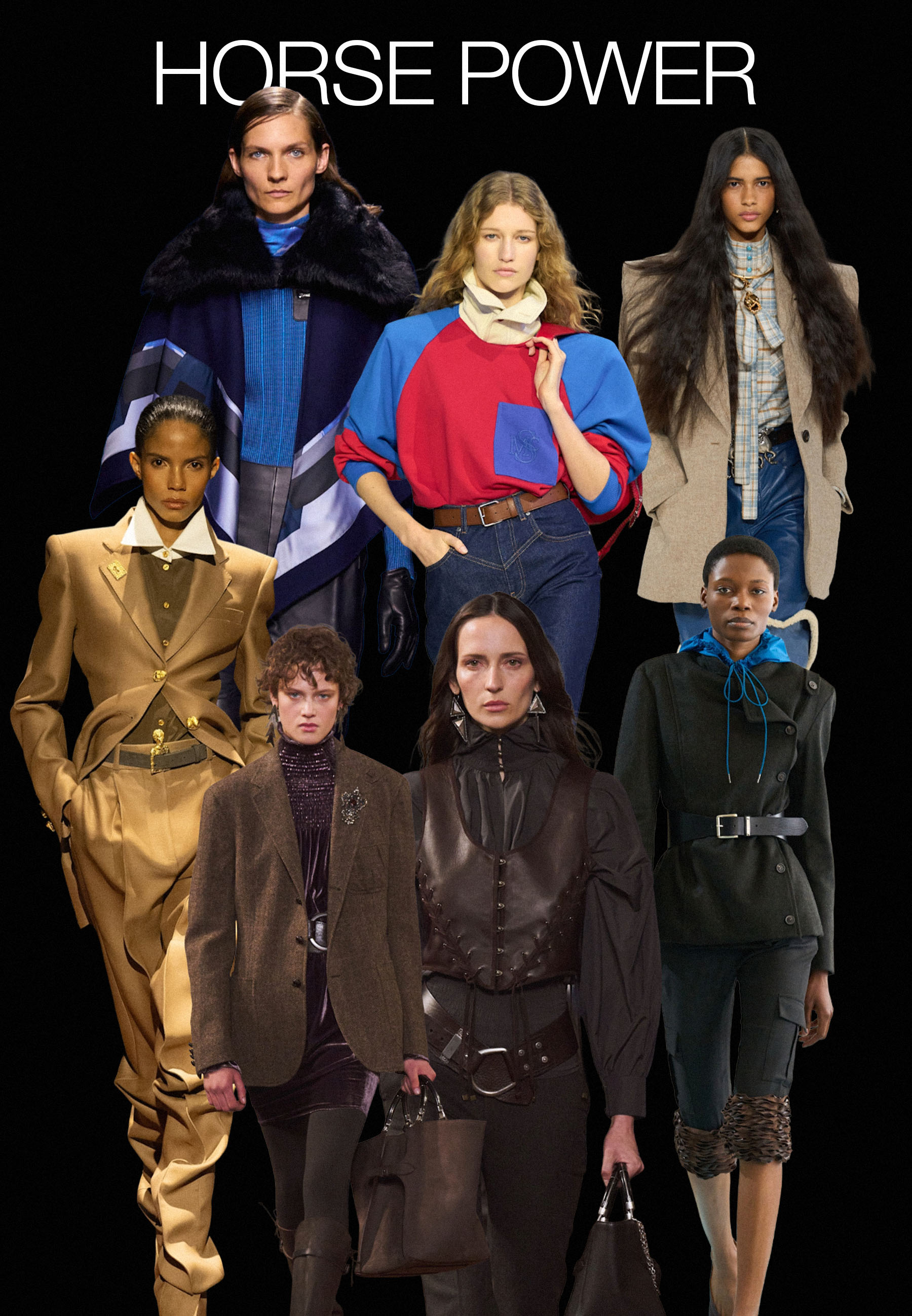 Collage of models on the autumn/winter 2026 runways at Schiaparelli, Ralph Lauren, Stella McCartney, Chloe and Paloma Wool wearing the equestrian trend.