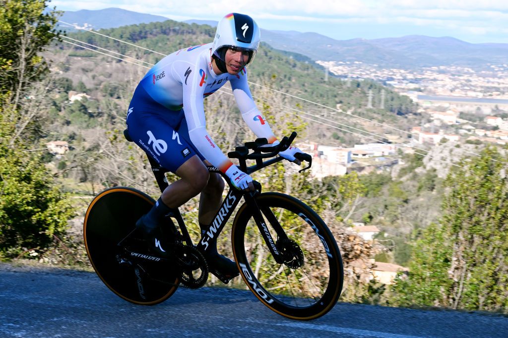 ALES FRANCE FEBRUARY 05 Valentin Ferron of France and Team TotalEnergies sprints during the 53rd Etoile de Besseges Tour Du Gard 2023 Stage 5 a 1066km individual time trial stage from Ales to Ales EDB2021 on February 05 2023 in Ales France Photo by Luc ClaessenGetty Images