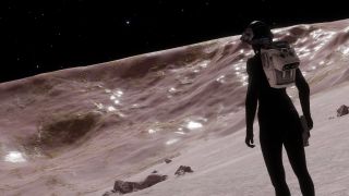 A space pilot walks on an alien world