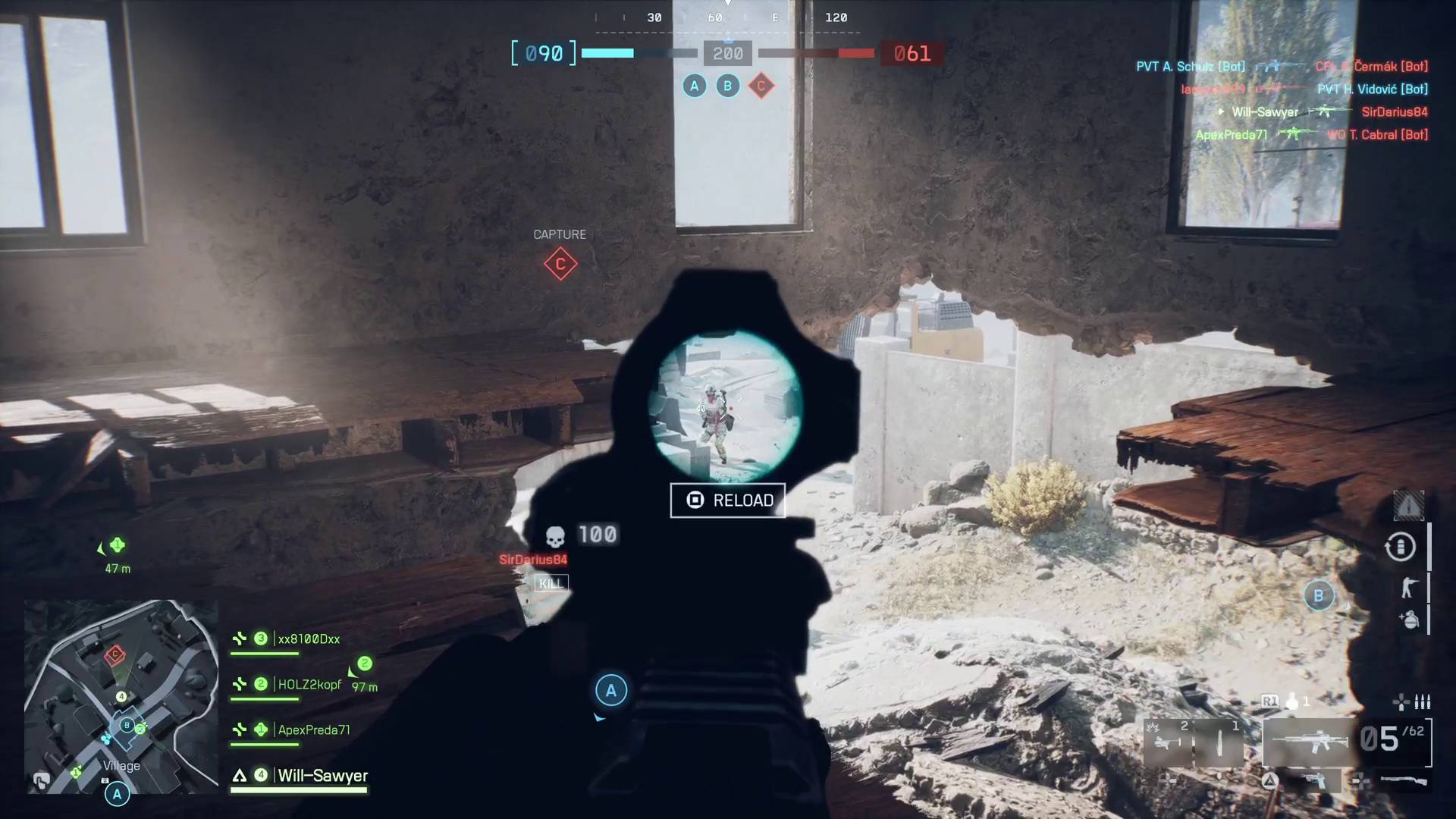 Battlefield 6 Assault class firing B36A4 rifle at enemy