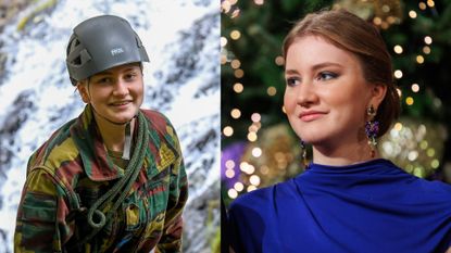 Princess Elisabeth wearing camo standing in front of a waterfall next to a picture of her wearing a blue evening dress and sparkly earrings in front of a Christmas tree