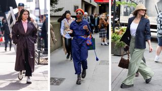 Street style influencers showing shoes to wear with wide leg trousers stompy boots