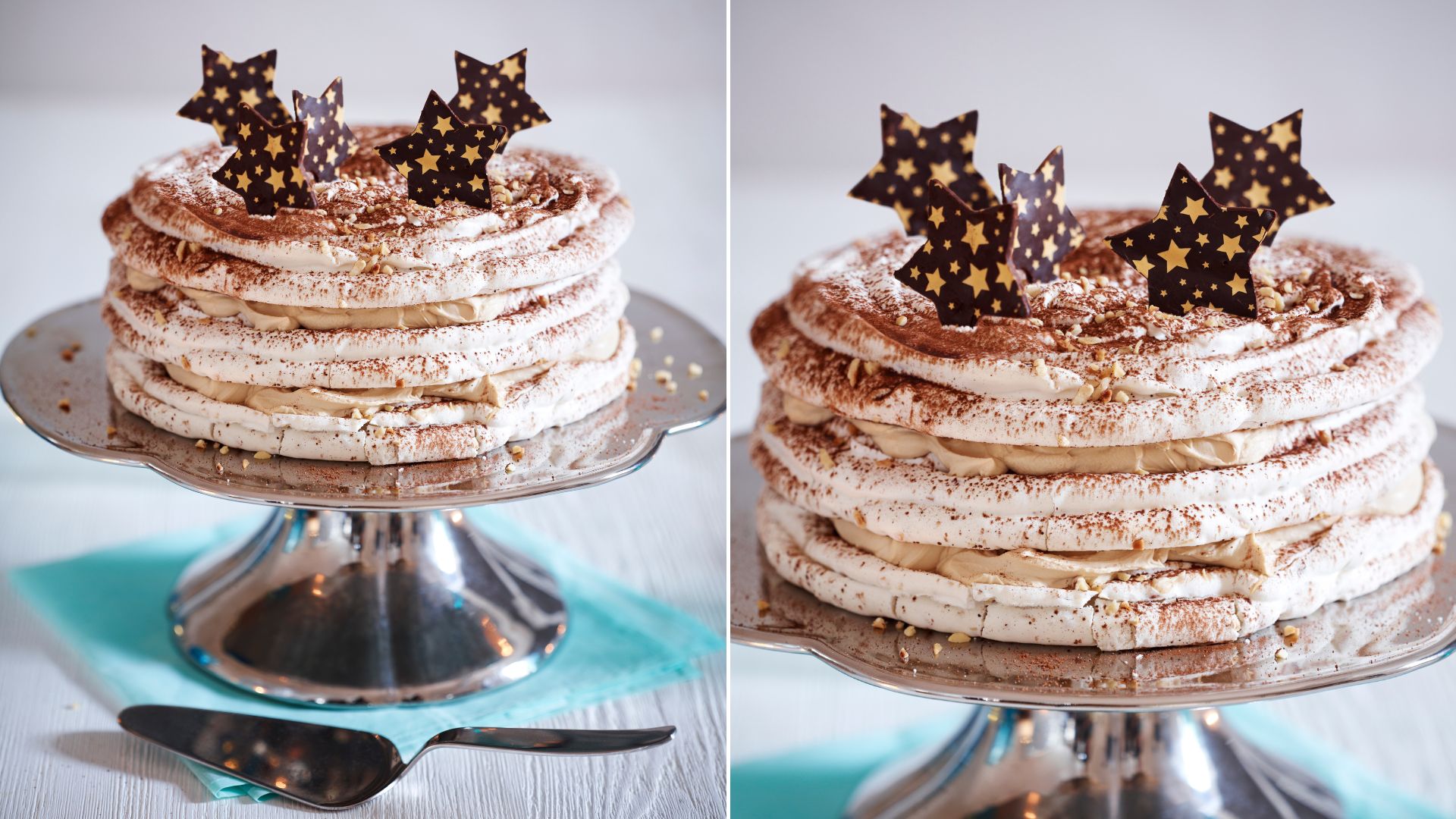 Hazelnut meringue and boozy Baileys whipped cream piled up on a cake stand with chocolate stars on top