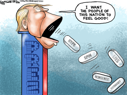 Political Cartoon U.S. Trump pez coronavirus hydroxychloroquine