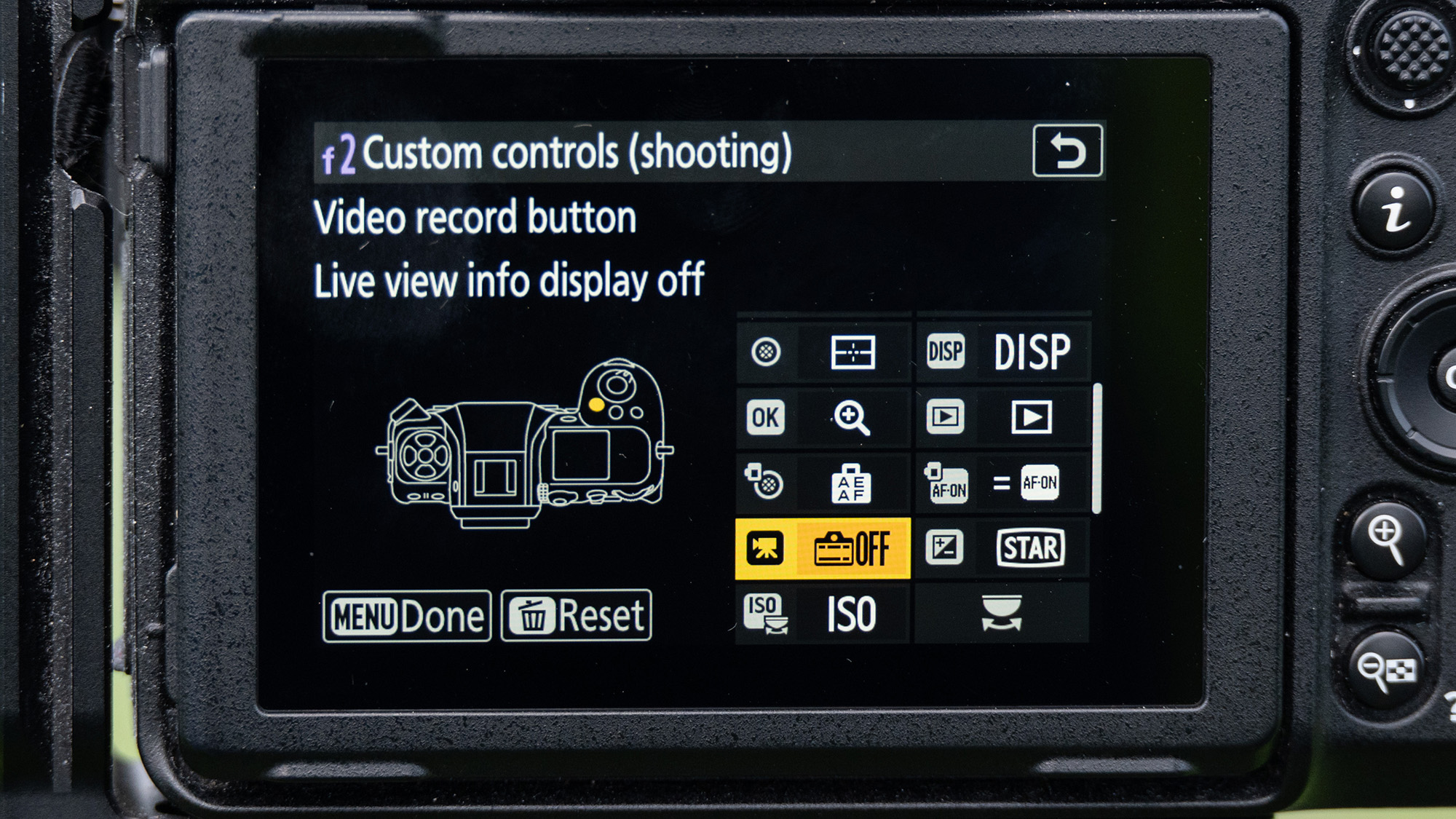 Rear of Nikon camera showing Custom controls