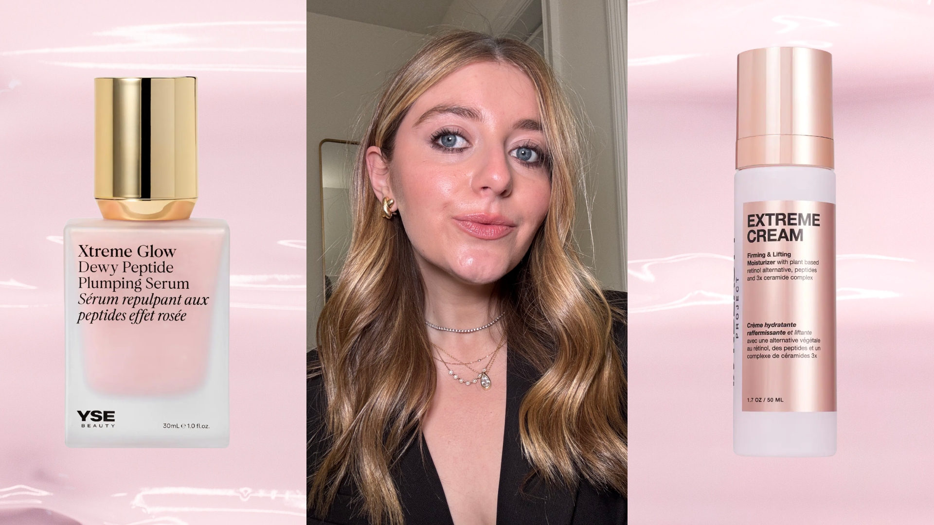samantha holender on a pink background next to two products on sale at sephora