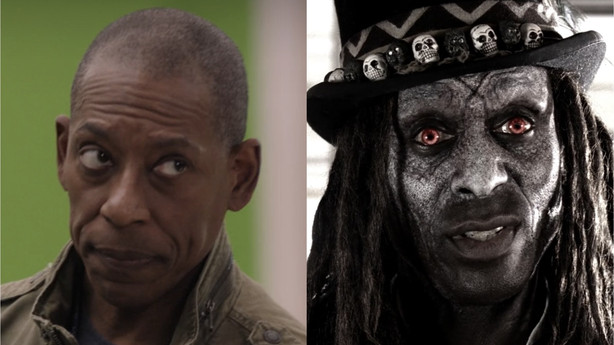 Side by side: Orlando Jones as Eddie's Dad in Abbott Elementary Season 4, Close-up of Papa Legba sneering in American Horror Story Season 3