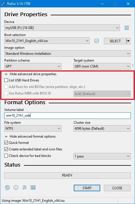 Rufus default advanced settings
