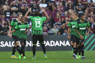 Armand Lauriente of US Sassuolo celebrates after scoring the opening goal during the Serie A match between US Sassuolo and Salernitana at Mapei Stadium - Citta' del Tricolore on October 02, 2022 in Reggio nell'Emilia, Italy.