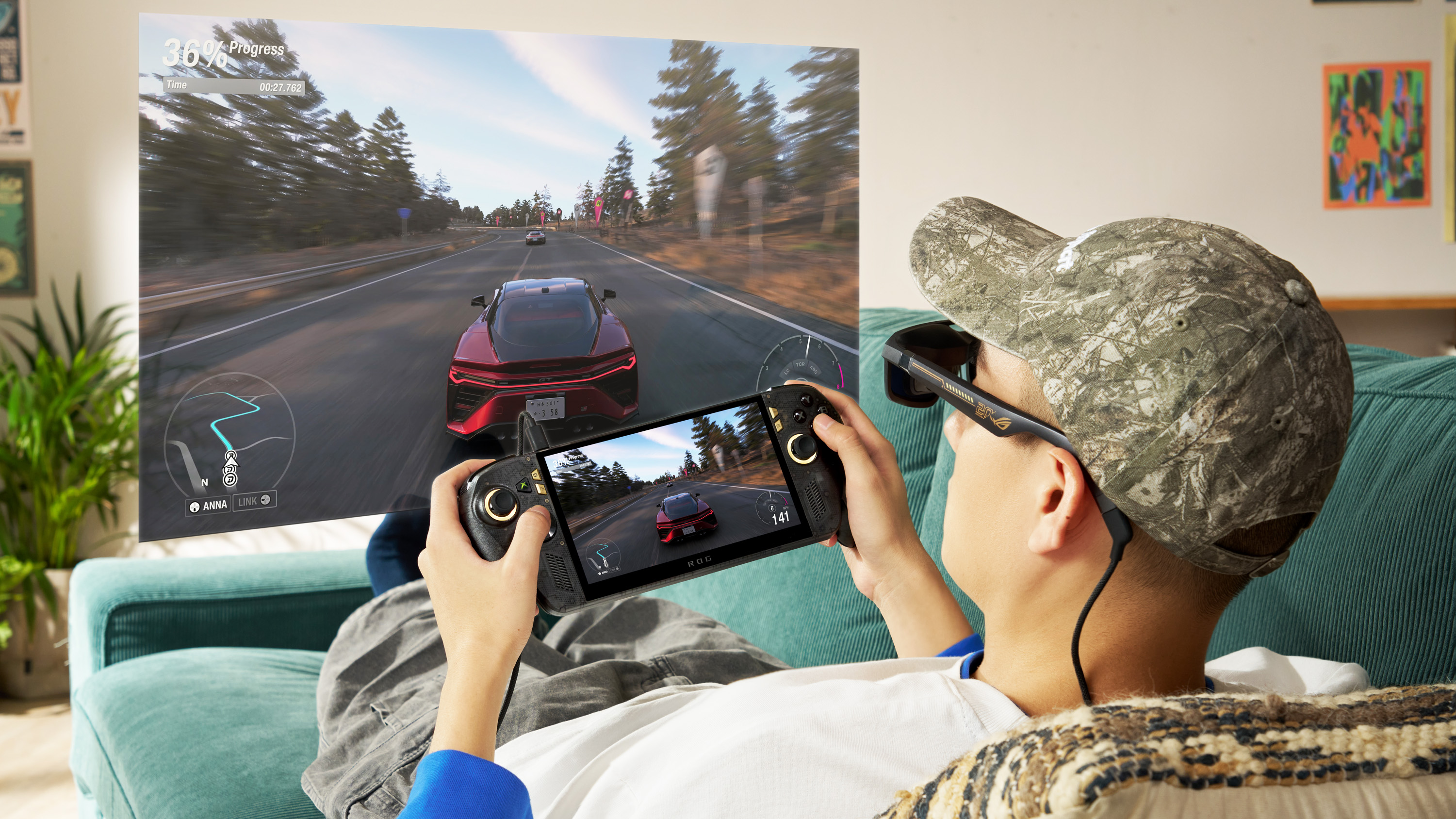 A person reclining on a couch wearing ROG XREAL R1 AR glasses while holding the Ally X20 handheld, viewing a large virtual screen projection of a racing game.