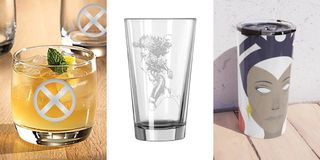 X-Men drink glass, pint glass, and travel mug